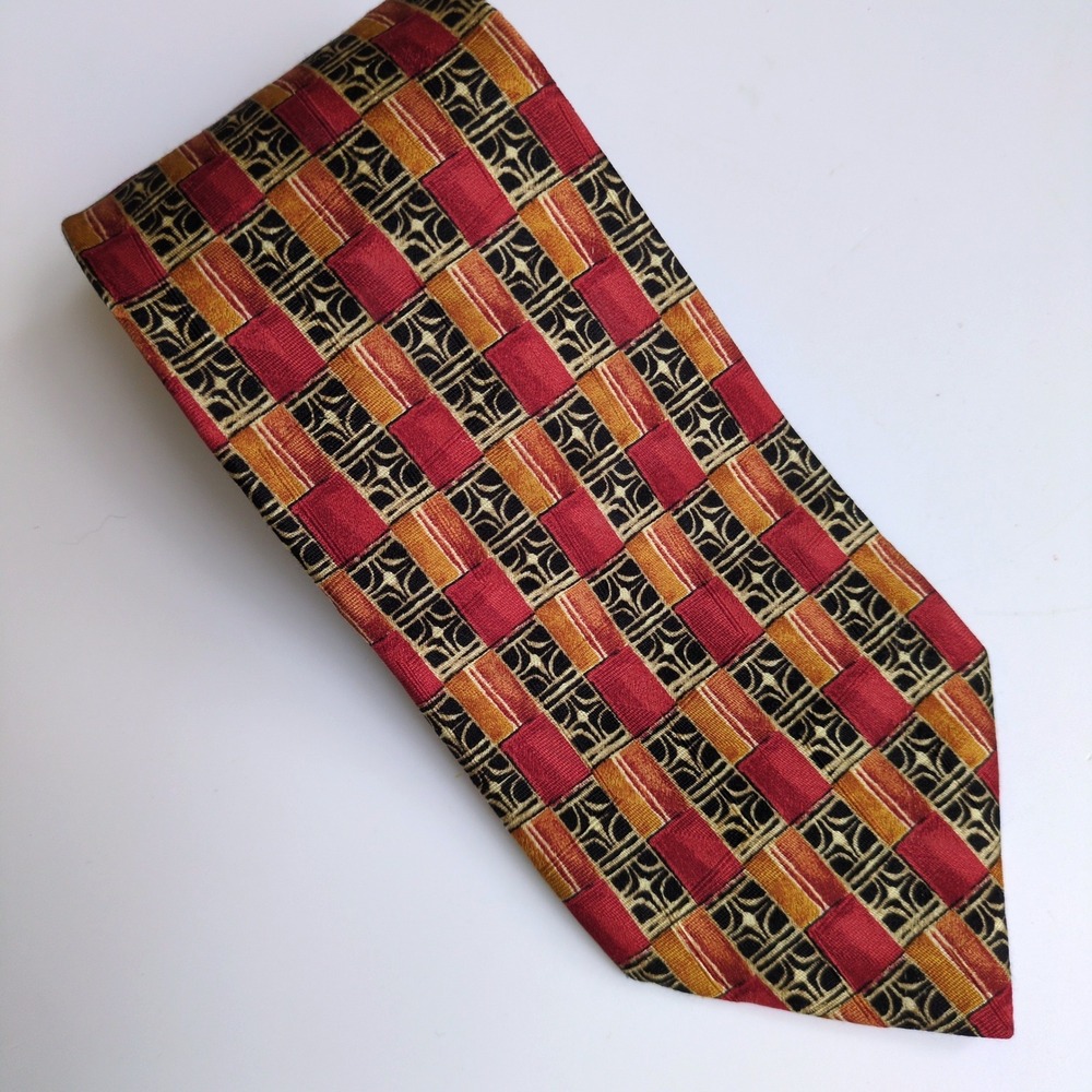Ermenegildo Zegna 100%‎ Silk Tie Red Orange Gold Black Geometric Luxury Italy